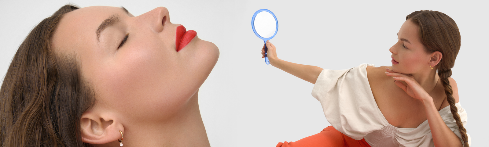 Compilation of woman with clear, glowing skin looking up + a woman looking into a handheld mirror