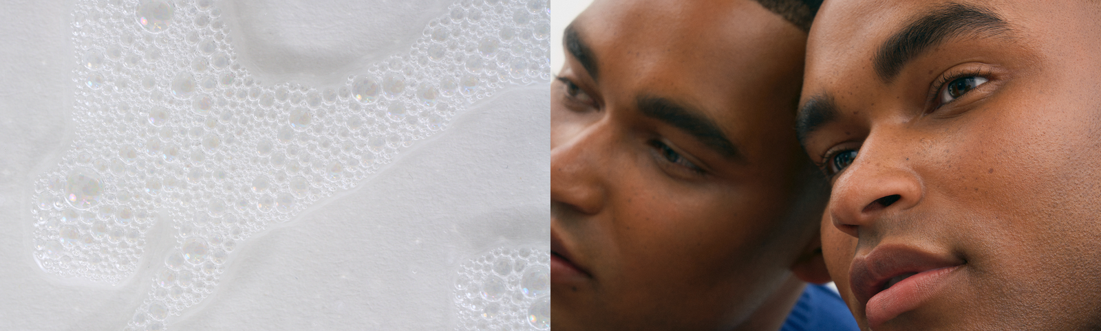 Compilation of foaming skincare + a man's face and his reflection